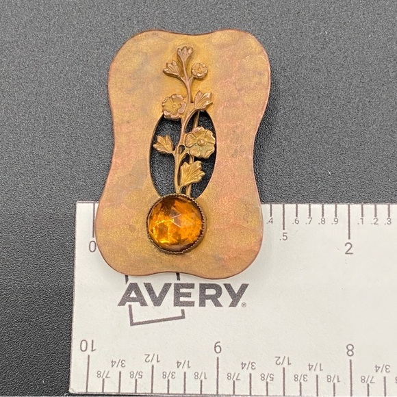 Antique Art Nouveau Brass Thistle Brooch with Citrine Colored Cabochon - Picture 3 of 10